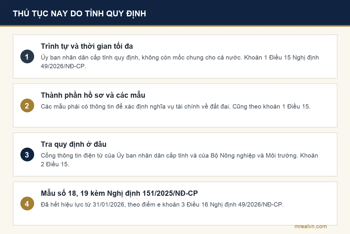Sơ đồ thủ tục đất đai do Ủy ban nhân dân cấp tỉnh quy định theo Điều 15 Nghị định 49/2026/NĐ-CP, Mẫu số 18 và 19 kèm Nghị định 151/2025/NĐ-CP đã hết hiệu lực