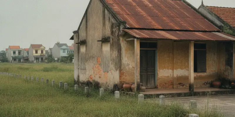 Ảnh bìa bài giấy phép xây dựng có thời hạn 2026: một căn nhà cũ trong khu dân cư nằm cạnh khu đất trống đã cắm mốc quy hoạch
