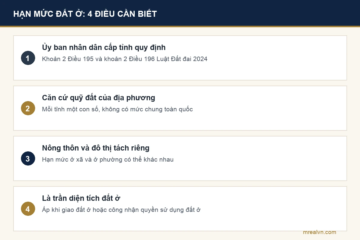 Bốn điều cần biết về hạn mức đất ở theo khoản 2 Điều 195, khoản 2 Điều 196 Luật Đất đai 2024: tỉnh quy định, căn cứ quỹ đất, tách nông thôn và đô thị, không có mức chung