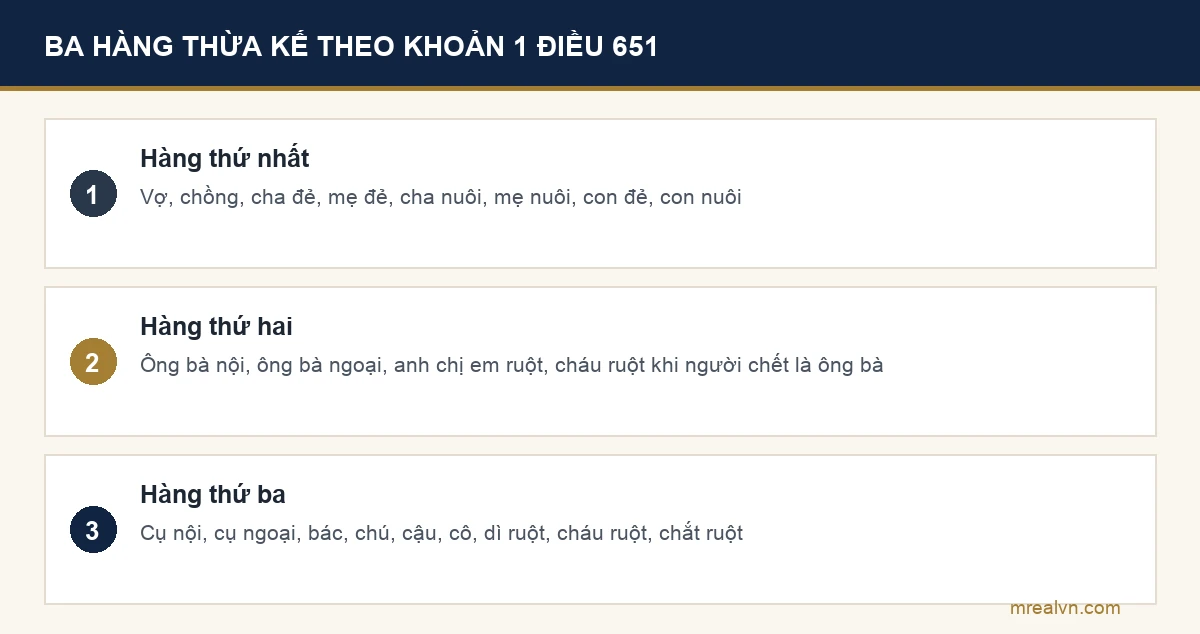 Ba hàng thừa kế theo khoản 1 Điều 651 Bộ luật Dân sự 2015: hàng thứ nhất là vợ chồng cha mẹ đẻ cha mẹ nuôi con đẻ con nuôi, hàng thứ hai là ông bà và anh chị em ruột, hàng thứ ba là cụ bác chú cậu cô dì ruột