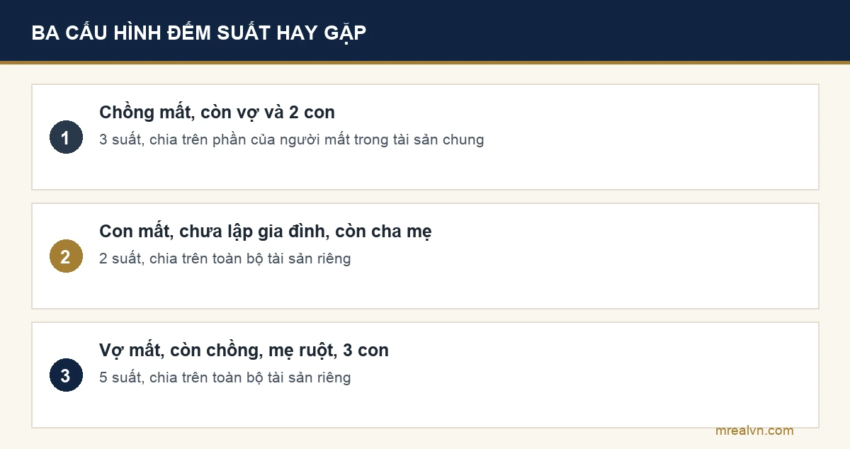 Ba cấu hình đếm suất thừa kế nhà đất: chồng mất còn vợ và hai con là ba suất, con mất còn cha mẹ là hai suất, vợ mất còn chồng mẹ ruột và ba con là năm suất