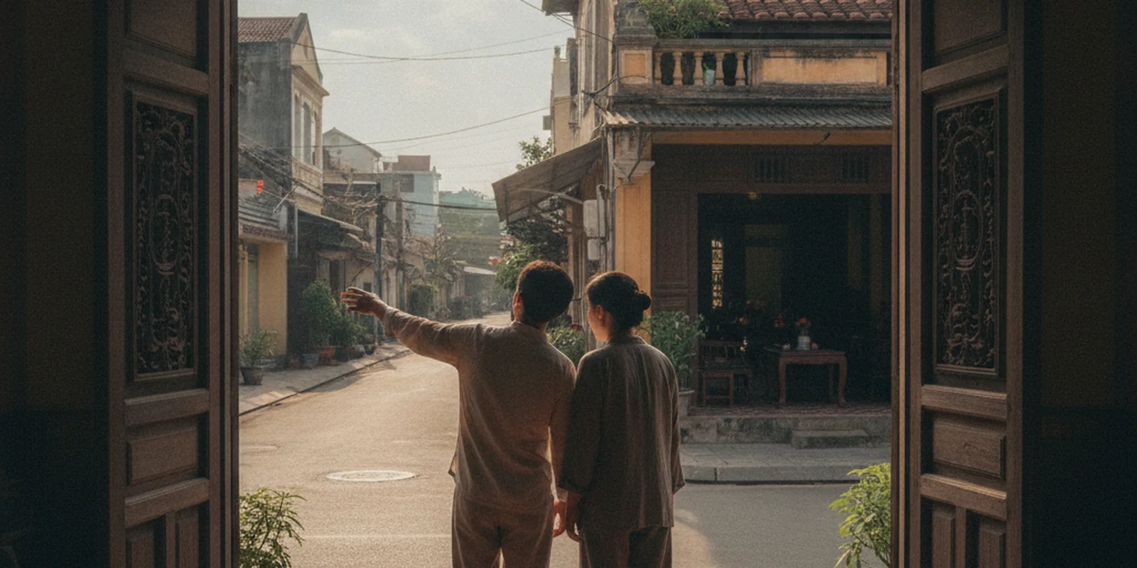 Người môi giới đứng cùng khách trước cửa một căn nhà phố đang mở để xem, minh hoạ khâu dẫn khách đi xem nhà