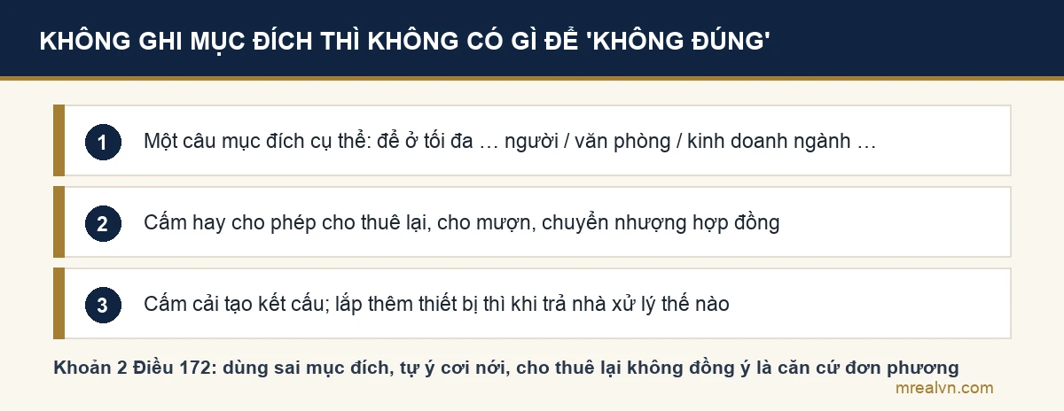 Ba câu phải có trong điều khoản mục đích sử dụng và cho thuê lại
