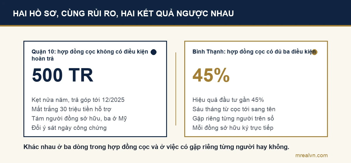Bảng đối chiếu hai thương vụ thật: hồ sơ Quận 10 kẹt 500 triệu và hồ sơ Bình Thạnh đạt hiệu quả gần 45 phần trăm