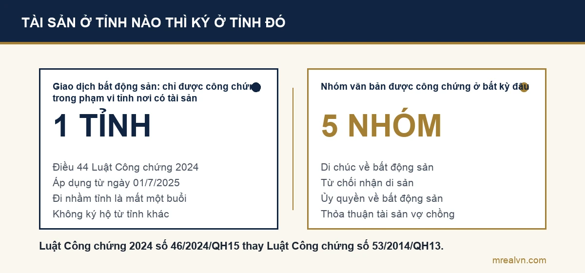 Sơ đồ đối chiếu quy định công chứng bất động sản trong phạm vi một tỉnh và năm nhóm văn bản được ký ở bất kỳ đâu
