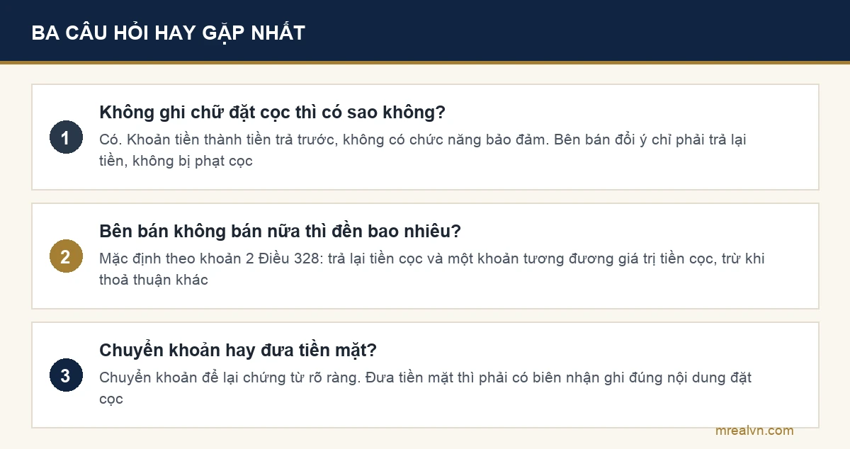 Sơ đồ ba câu hỏi hay gặp nhất về hợp đồng đặt cọc mua đất