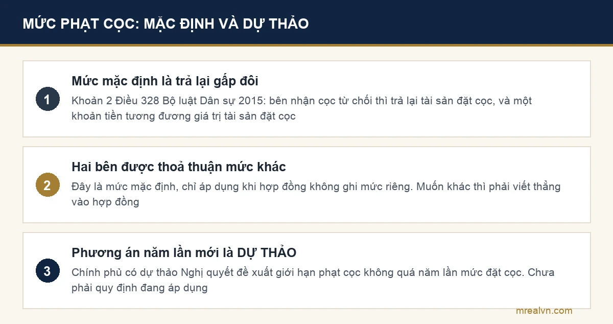 Sơ đồ mức phạt cọc mặc định theo Bộ luật Dân sự và phương án đang là dự thảo