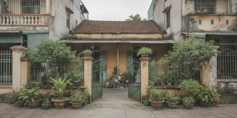 Một căn nhà cấp bốn cũ với khoảng sân trước trên một thửa đất trong khu dân cư vùng ven TP.HCM