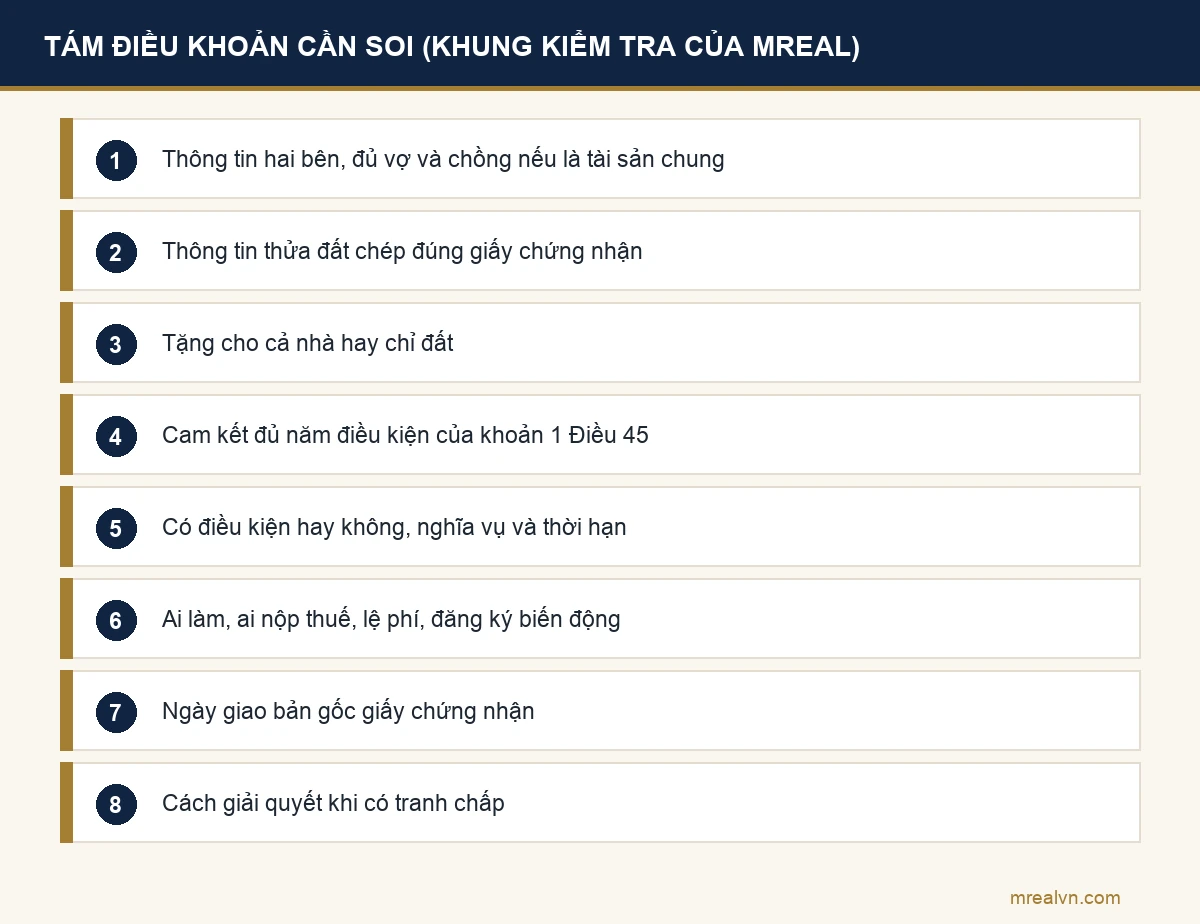 Khung tám điều khoản kiểm tra khi đọc hợp đồng tặng cho quyền sử dụng đất