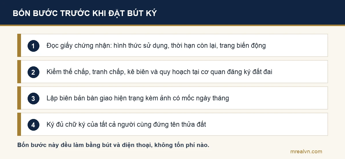 Bốn bước trước khi ký hợp đồng thuê đất nông nghiệp: đọc giấy chứng nhận, kiểm thế chấp tranh chấp quy hoạch, lập biên bản bàn giao hiện trạng có ảnh ghi ngày, rồi ký đủ chữ ký của tất cả người cùng đứng tên