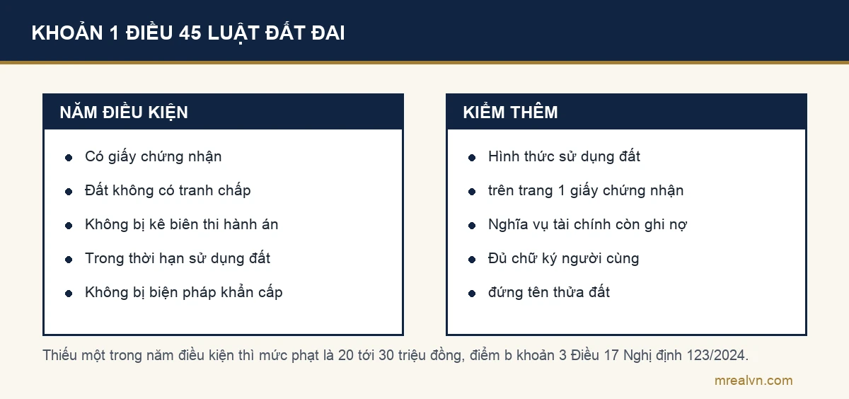 Hai cột liệt kê năm điều kiện bắt buộc tại khoản 1 Điều 45 Luật Đất đai để được cho thuê quyền sử dụng đất, và những thứ phải kiểm thêm trước khi ký hợp đồng thuê đất nông nghiệp