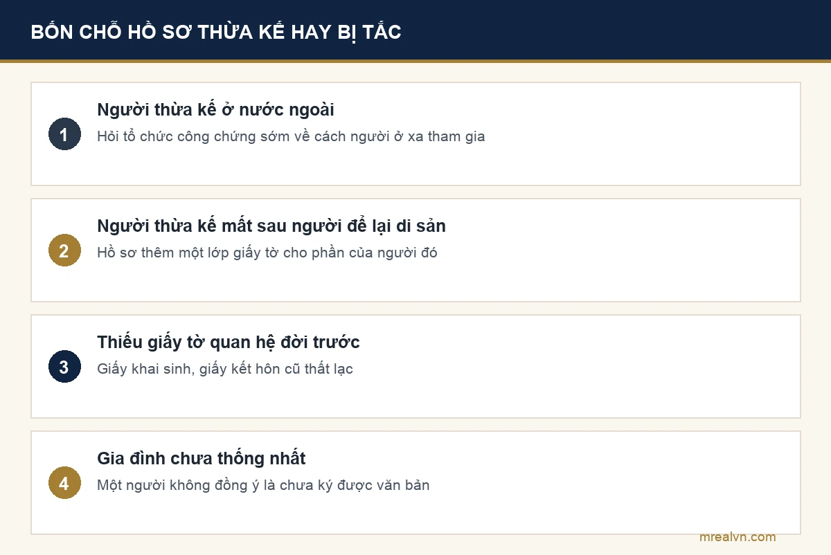 Bốn chỗ hồ sơ thừa kế nhà đất hay bị tắc: người thừa kế ở nước ngoài, người thừa kế mất sau, thiếu giấy tờ đời trước, gia đình chưa thống nhất