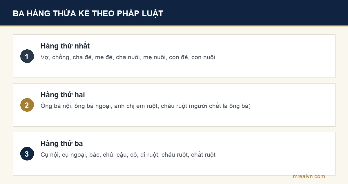 Ba hàng thừa kế theo Điều 651 Bộ luật Dân sự 2015: hàng thứ nhất vợ chồng cha mẹ con, hàng thứ hai ông bà anh chị em ruột, hàng thứ ba cụ bác chú cậu cô dì