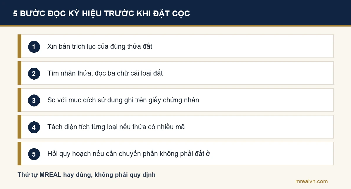 Năm bước đọc ký hiệu loại đất trước khi đặt cọc: xin trích lục, đọc nhãn thửa, so với giấy chứng nhận, tách diện tích, hỏi quy hoạch