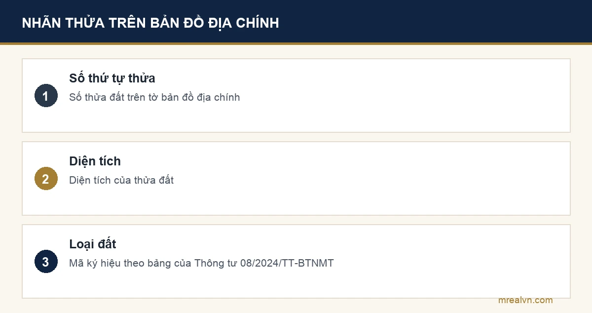 Nhãn thửa trên bản đồ địa chính gồm 3 yếu tố: số thứ tự thửa, diện tích và loại đất, theo điểm a khoản 6 Điều 13 Thông tư 26/2024/TT-BTNMT