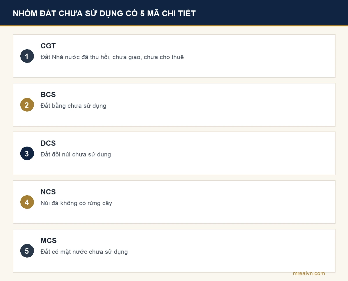 Năm mã chi tiết của nhóm đất chưa sử dụng CSD: CGT, BCS, DCS, NCS và MCS theo Thông tư 08/2024/TT-BTNMT