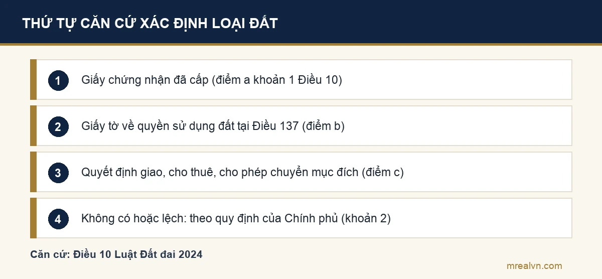Thứ tự căn cứ xác định loại đất theo Điều 10 Luật Đất đai 2024: giấy chứng nhận, giấy tờ về quyền sử dụng đất, quyết định của cơ quan nhà nước, quy định của Chính phủ
