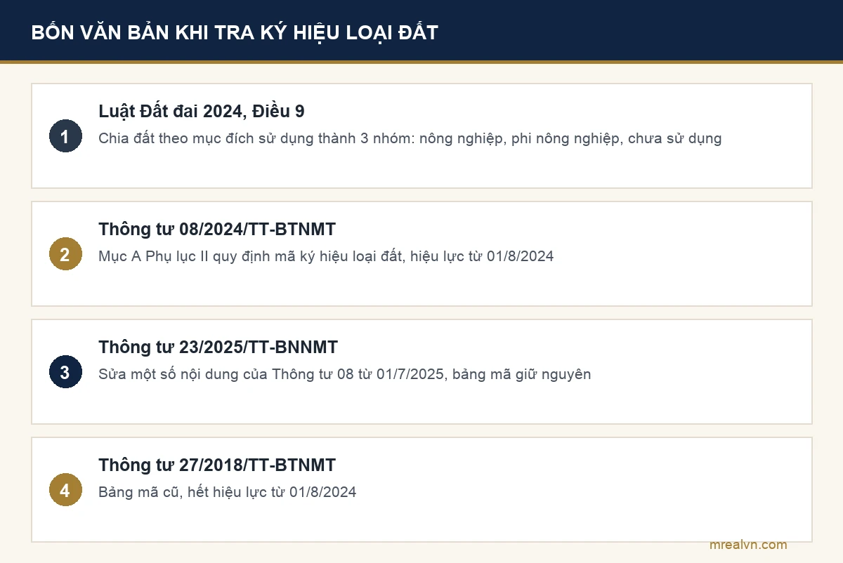 Bốn văn bản cần biết khi tra ký hiệu các loại đất: Luật Đất đai 2024, Thông tư 08/2024/TT-BTNMT, Thông tư 23/2025/TT-BNNMT và Thông tư 27/2018/TT-BTNMT đã hết hiệu lực