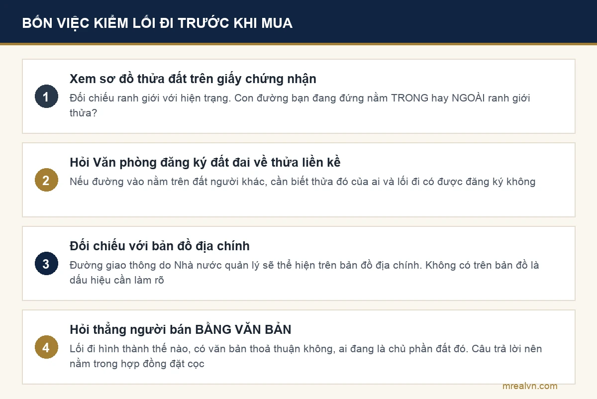 Sơ đồ bốn việc kiểm tra lối đi trước khi mua đất