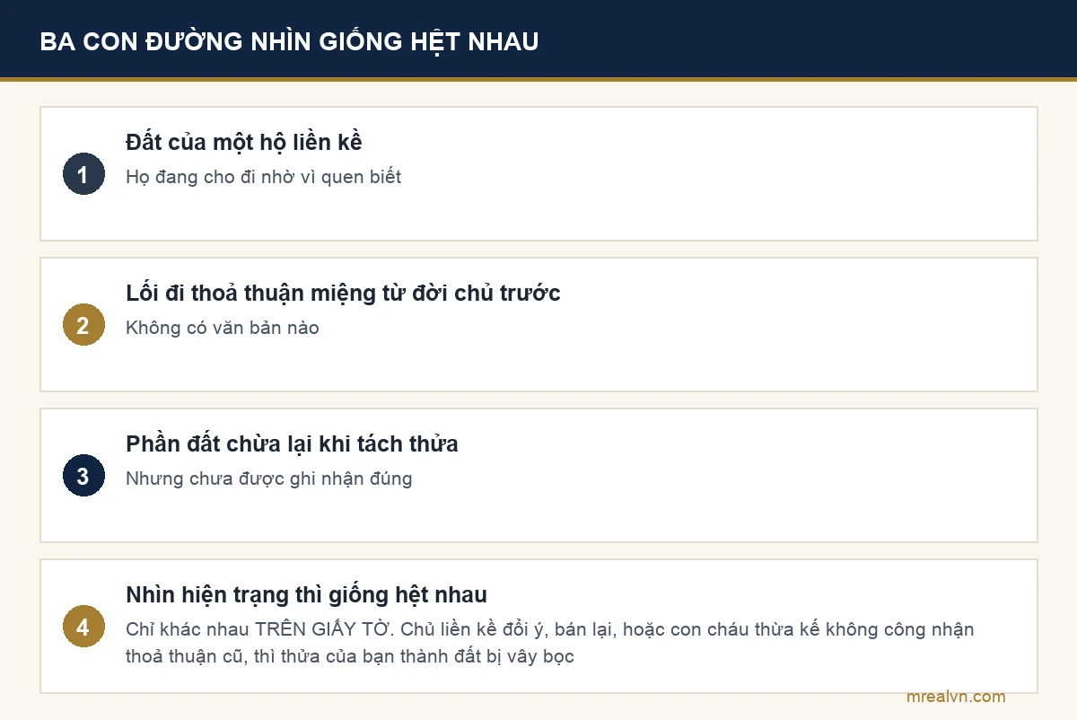 Sơ đồ ba trường hợp lối đi nhìn giống hệt nhau nhưng khác hẳn trên giấy tờ