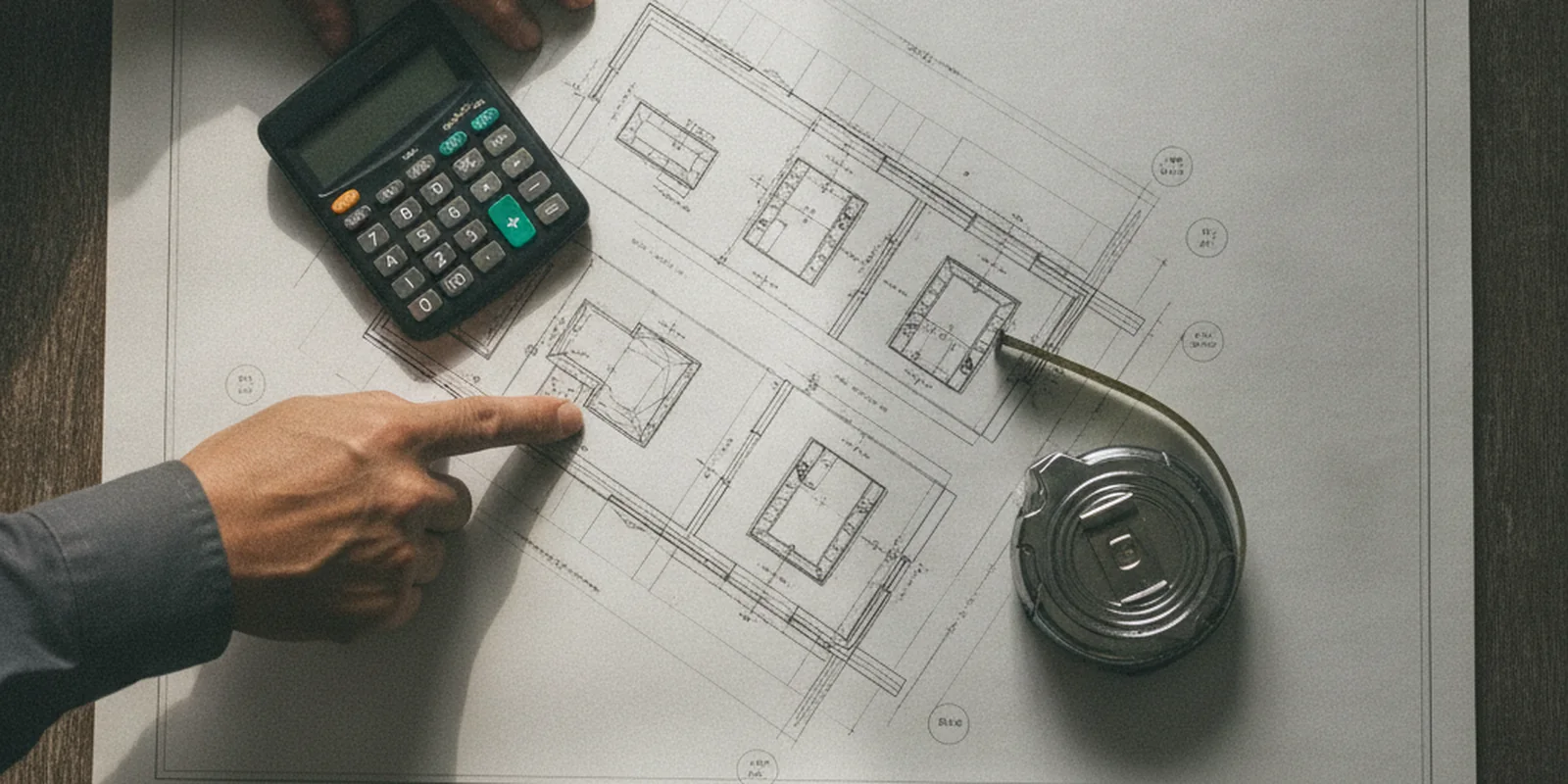 Ảnh hai bàn tay đặt máy tính bỏ túi lên bản vẽ mặt bằng lô đất để tự tính diện tích được phép xây
