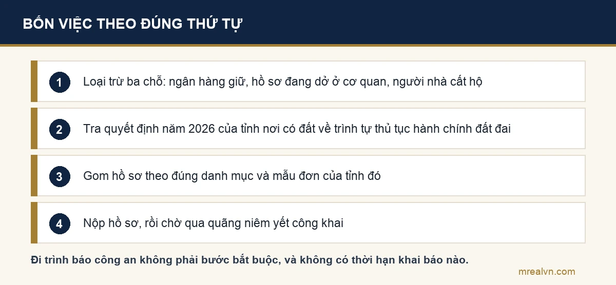 Bốn việc phải làm khi mất sổ đỏ: xác định chắc là mất chứ không phải để quên, tra quyết định của tỉnh nơi có đất, gom hồ sơ theo danh mục của tỉnh, rồi nộp hồ sơ và chờ qua thời gian niêm yết