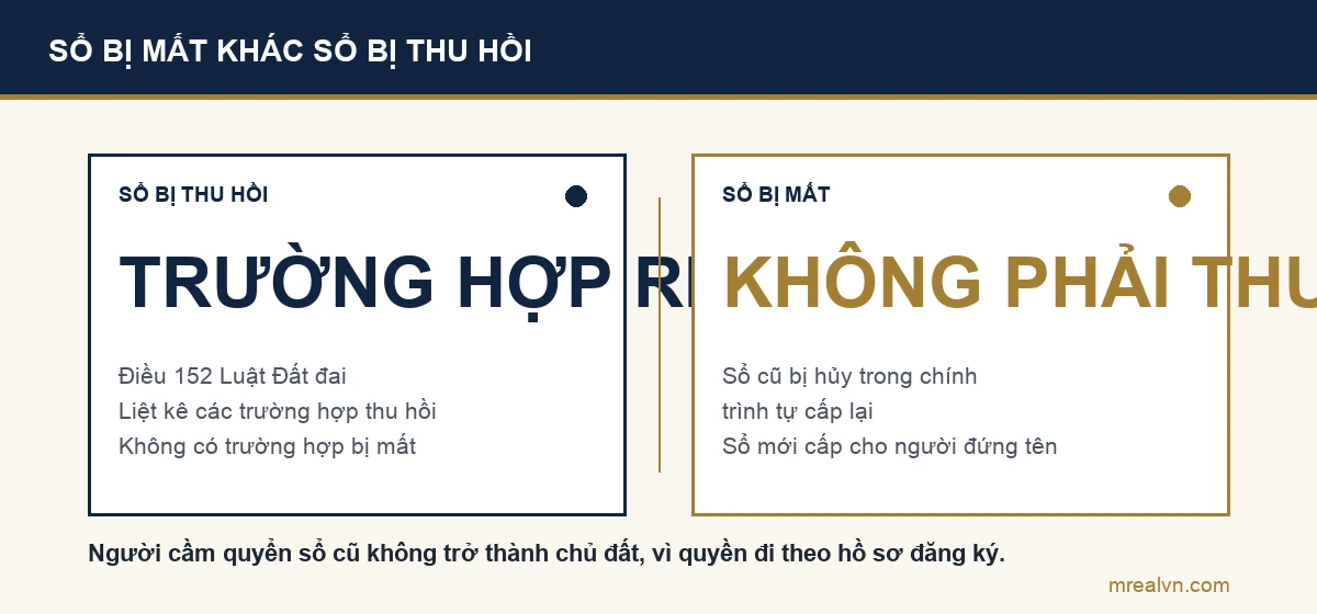 Sơ đồ so sánh sổ đỏ bị mất và sổ đỏ bị thu hồi: bị mất không nằm trong các trường hợp thu hồi giấy chứng nhận của Điều 152 Luật Đất đai, và sổ cũ chỉ bị hủy trong chính trình tự cấp lại