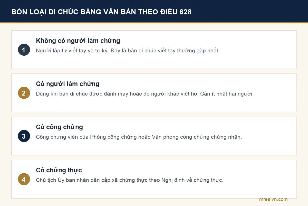 Bốn loại di chúc bằng văn bản theo Điều 628 Bộ luật Dân sự 2015: không có người làm chứng, có người làm chứng, có công chứng, có chứng thực