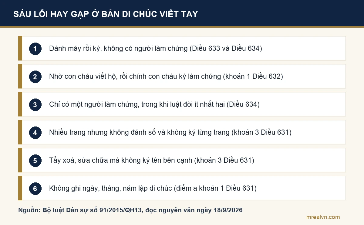 Sáu lỗi làm mất hiệu lực di chúc viết tay: đánh máy không có người làm chứng, nhờ con cháu viết hộ và ký làm chứng, chỉ một người làm chứng, không đánh số trang, tẩy xoá không ký bên cạnh, không ghi ngày tháng năm