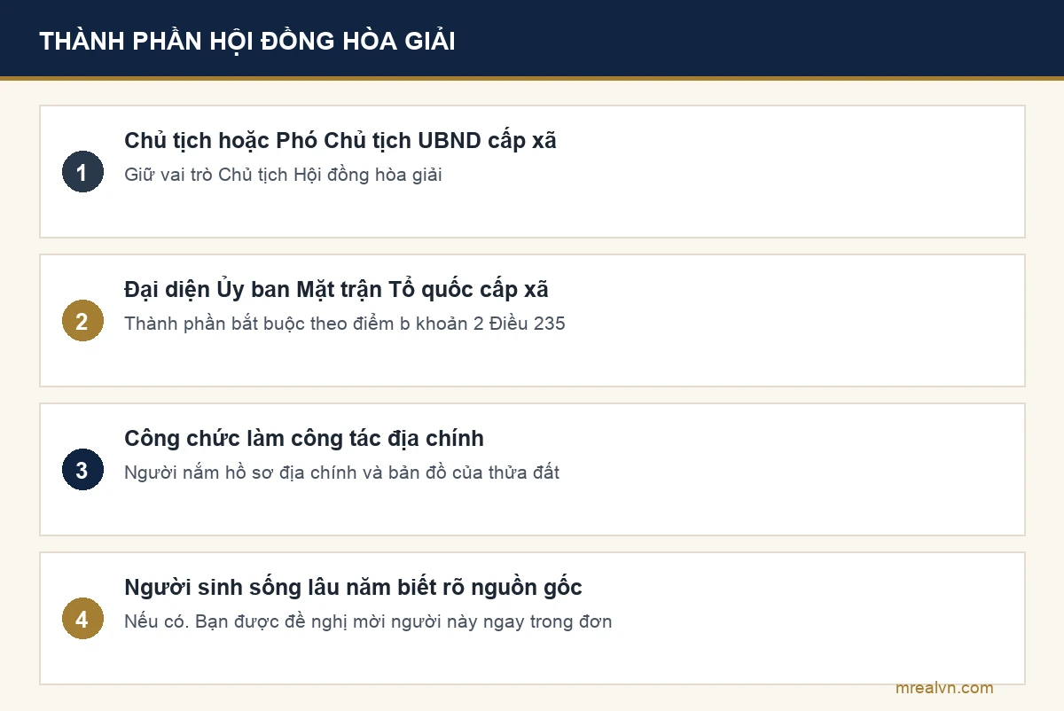 Sơ đồ bốn thành phần của Hội đồng hòa giải tranh chấp đất đai theo điểm b khoản 2 Điều 235 Luật Đất đai