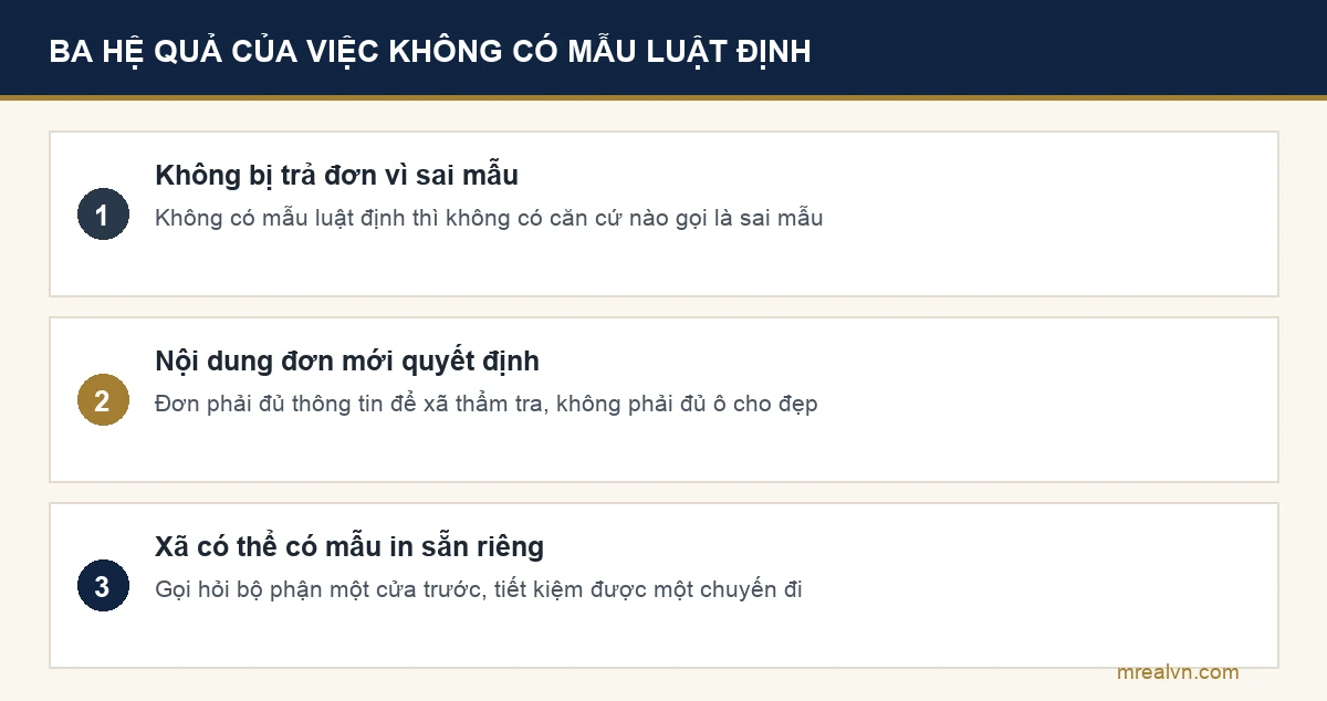 Sơ đồ ba hệ quả khi pháp luật không ban hành mẫu đơn bắt buộc: không bị trả đơn vì sai mẫu, nội dung đơn mới quyết định, và xã có thể có mẫu in sẵn riêng