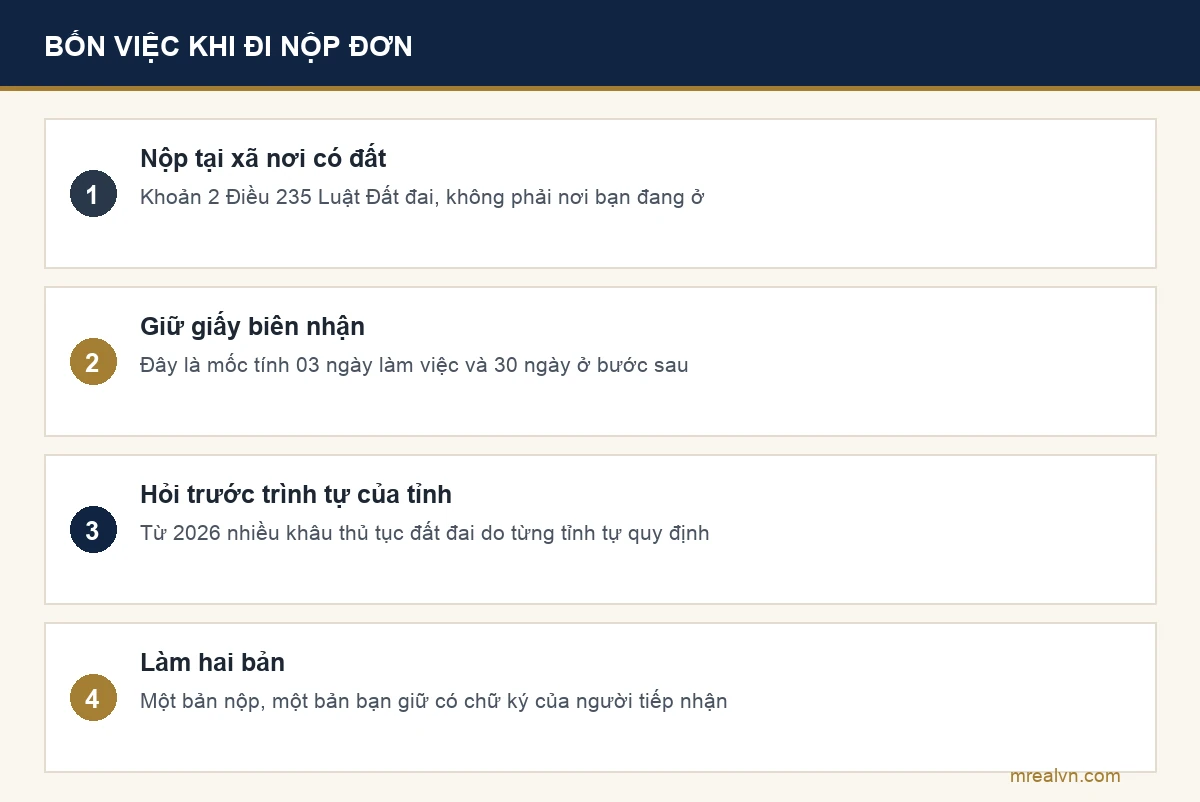 Sơ đồ bốn việc cần làm khi nộp đơn yêu cầu hòa giải tranh chấp đất đai tại bộ phận một cửa của Ủy ban nhân dân cấp xã nơi có đất