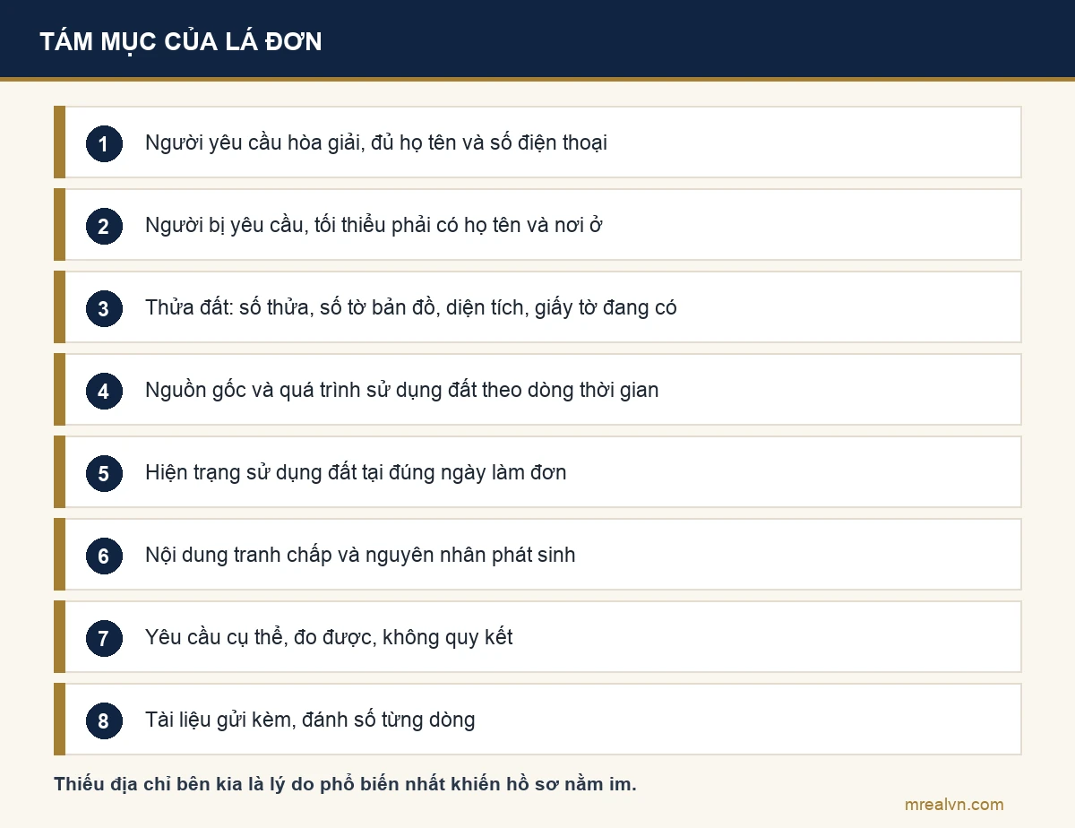 Sơ đồ tám mục bắt buộc của đơn yêu cầu hòa giải tranh chấp đất đai, từ thông tin hai bên tới tài liệu gửi kèm