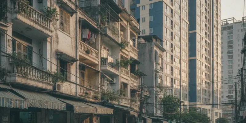 Một dãy nhà phố thấp tầng đứng cạnh khối chung cư cao tầng, minh hoạ lựa chọn mua chung cư hay nhà đất để ở