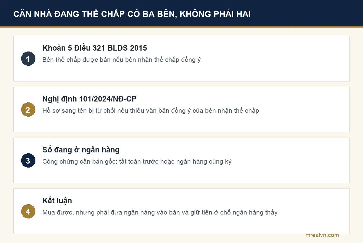 Sơ đồ: nhà đang thế chấp có ba bên, chủ nhà, người mua và ngân hàng