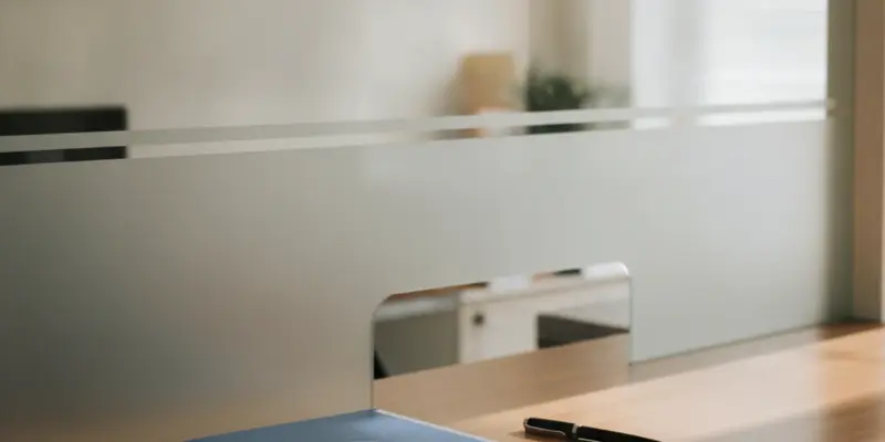 Quầy giao dịch của một chi nhánh ngân hàng tại Việt Nam, bàn gỗ, tập hồ sơ và bút, không có người