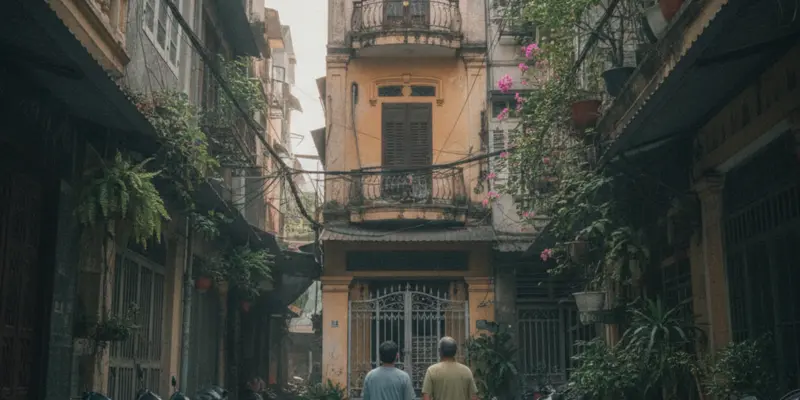 Hai người đứng trước cổng một căn nhà phố trong hẻm tại TP.HCM, nhìn lên mặt tiền