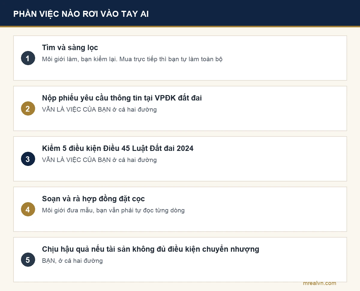 Bảng phân chia phần việc giữa mua qua môi giới và mua trực tiếp từ người bán