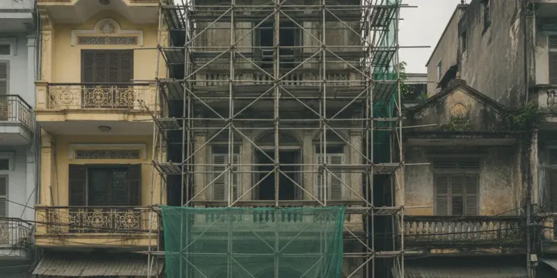 Một căn nhà phố cũ trong khu dân cư TP.HCM đang được dựng giàn giáo để nâng thêm tầng