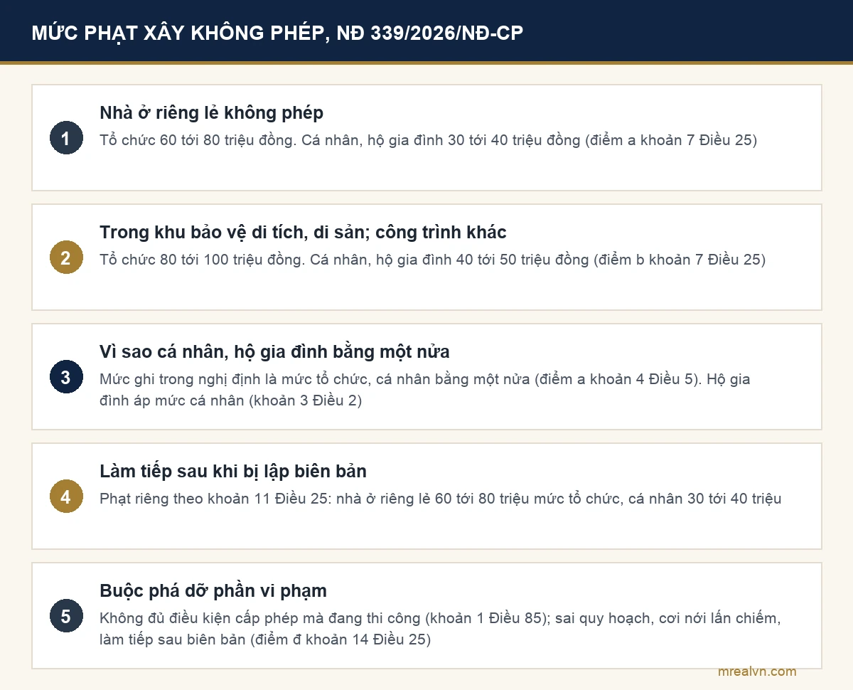 Mức phạt xây không phép theo Nghị định 339/2026/NĐ-CP: nhà ở riêng lẻ tổ chức 60 tới 80 triệu đồng, cá nhân và hộ gia đình 30 tới 40 triệu đồng