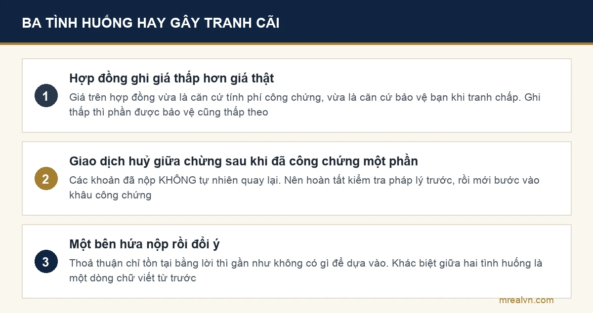 Sơ đồ ba tình huống hay gây tranh cãi quanh phí công chứng nhà đất