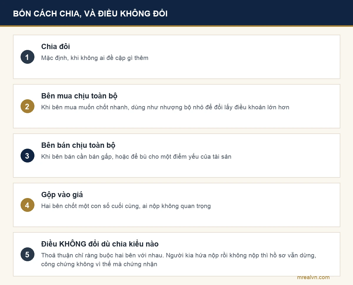 Sơ đồ bốn cách chia phí công chứng hay gặp trên thị trường