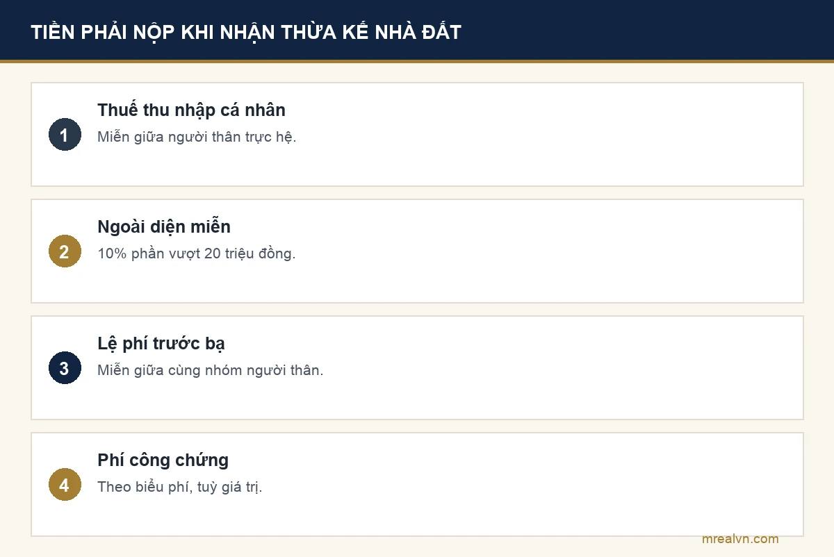 Các khoản tiền khi sang tên sổ đỏ do thừa kế: thuế thu nhập cá nhân miễn giữa người thân, ngoài diện miễn 10 phần trăm phần vượt 20 triệu, lệ phí trước bạ miễn giữa người thân, phí công chứng theo biểu phí
