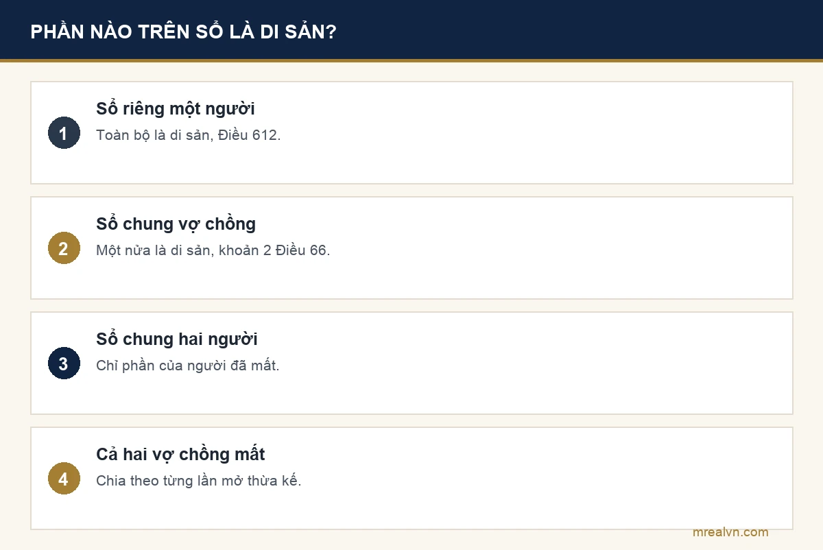 Bảng phần di sản theo người đứng tên sổ: sổ riêng một người là toàn bộ, sổ chung vợ chồng là một nửa, sổ chung hai người là phần của người mất