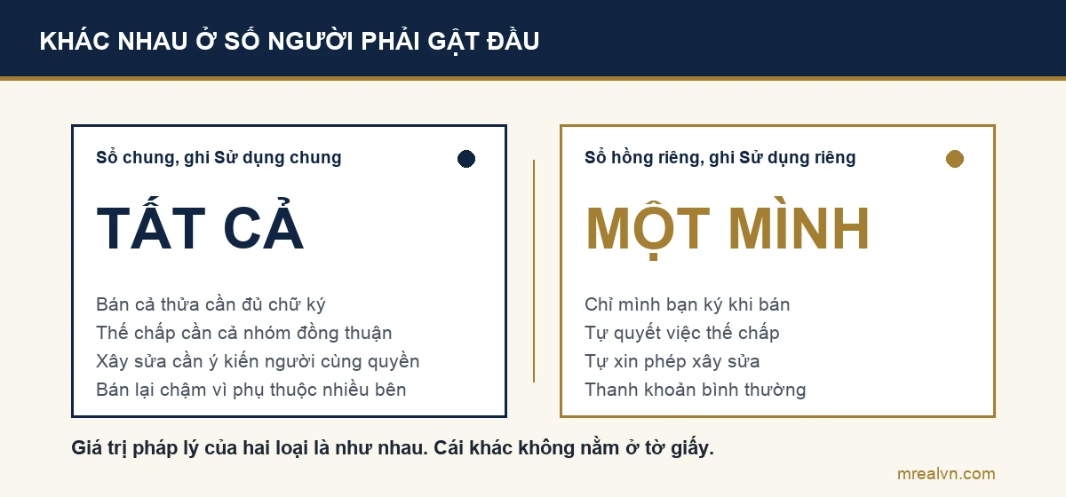Bảng đối chiếu sổ chung và sổ hồng riêng theo số người phải đồng ý khi định đoạt