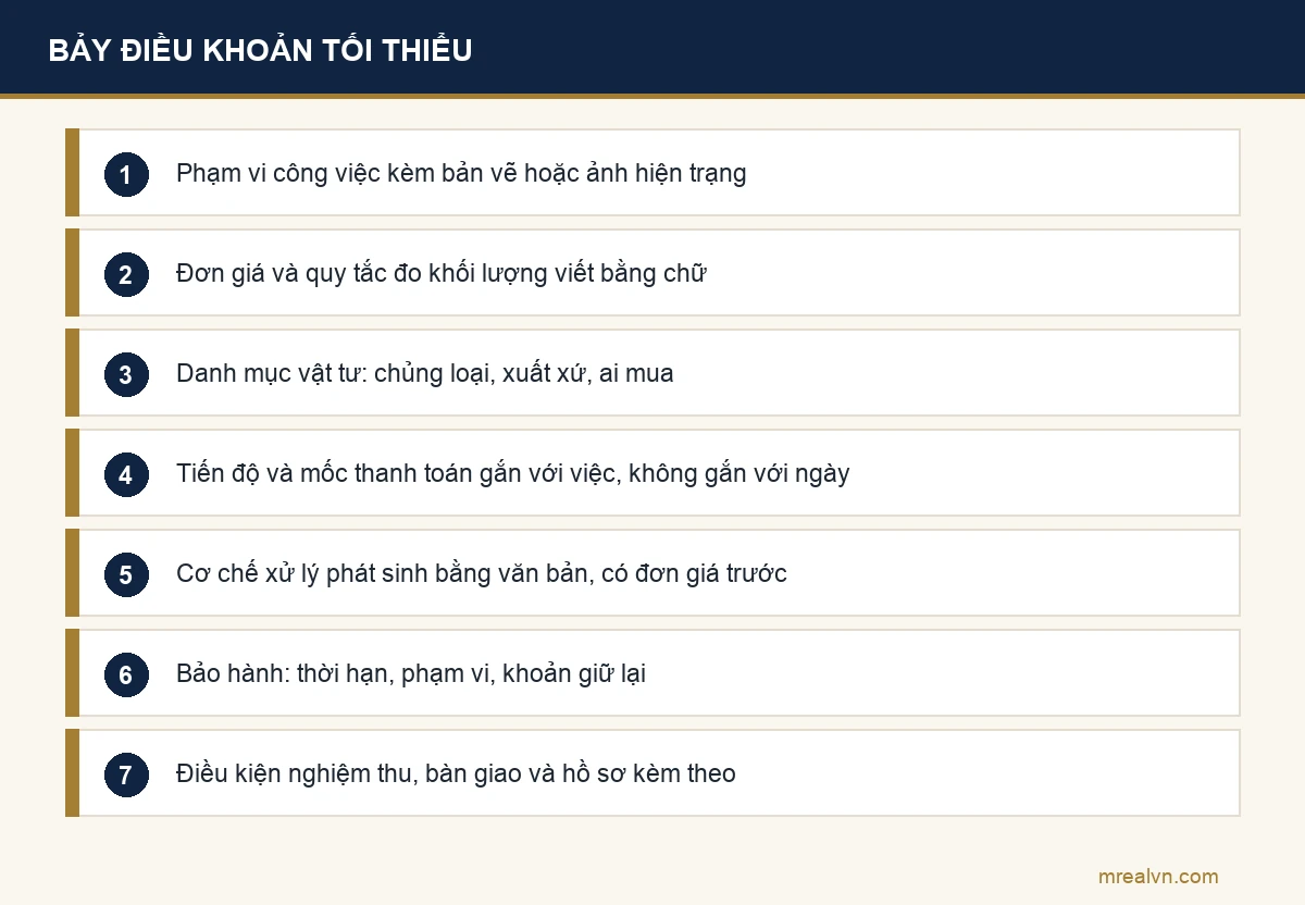 Sơ đồ bảy điều khoản tối thiểu nên có trong hợp đồng sửa nhà trọn gói