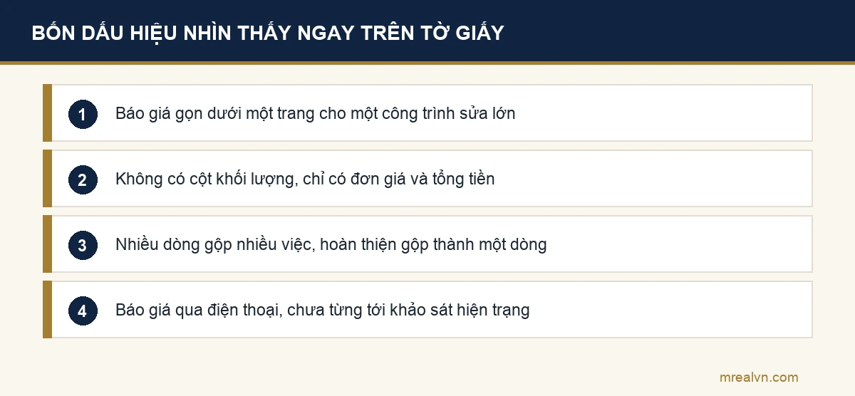 Sơ đồ bốn dấu hiệu nhận ra một bản báo giá sửa nhà đang giấu chi phí