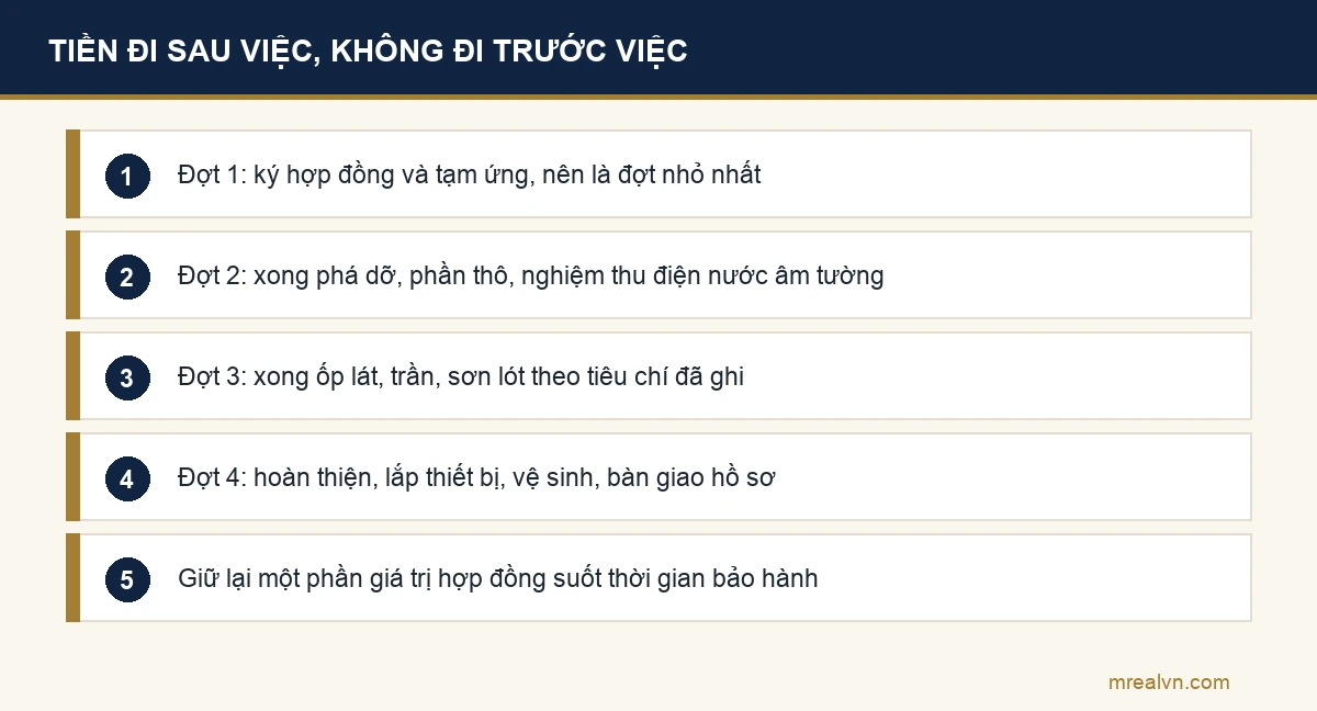 Sơ đồ bốn mốc thanh toán và khoản giữ lại khi sửa nhà trọn gói