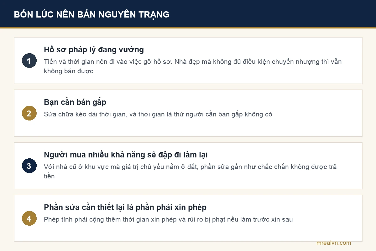 Sơ đồ bốn tình huống nên bán nhà nguyên trạng thay vì sửa trước