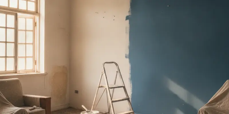 Phòng khách nhà cũ đang được dọn dẹp và sơn lại, thùng sơn và thang đặt giữa phòng trống